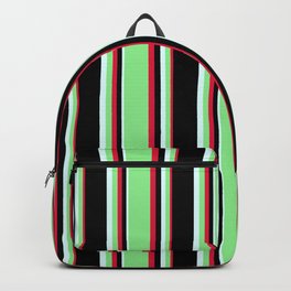 [ Thumbnail: Crimson, Light Green, Light Cyan, and Black Colored Pattern of Stripes Backpack ]