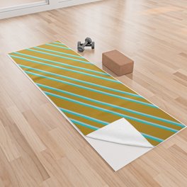 [ Thumbnail: Dark Goldenrod, Light Blue, and Dark Turquoise Colored Lined/Striped Pattern Yoga Towel ]