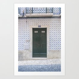 The green door nr. 13 - Alfama, Lisbon, Portugal - Blue portugese tiles - street and travel photogarphy Art Print