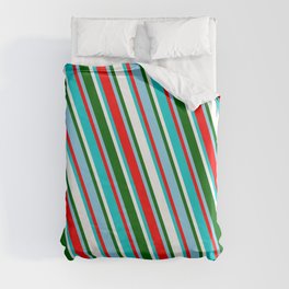 [ Thumbnail: Sky Blue, Red, Dark Turquoise, White, and Dark Green Colored Striped Pattern Duvet Cover ]