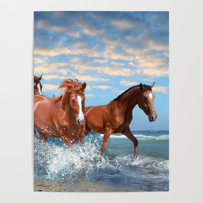 Beautiful Horses Running On Beach Through Poster