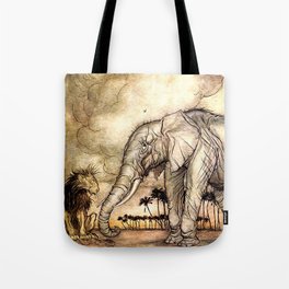 An Elephant and A Lion - Vintage Artwork Tote Bag