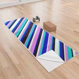 [ Thumbnail: Eyecatching Blue, Dark Turquoise, Violet, Mint Cream, and Black Colored Stripes Pattern Yoga Towel ]