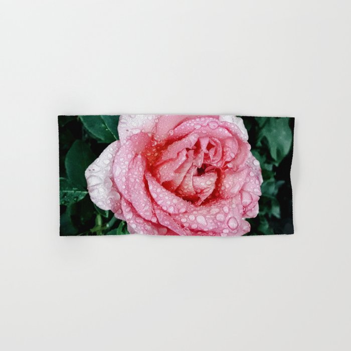 Garden pink rose with raindrops  Hand & Bath Towel