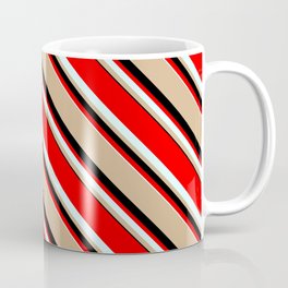 [ Thumbnail: Red, Light Cyan, Tan, and Black Colored Lines/Stripes Pattern Coffee Mug ]
