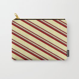[ Thumbnail: Grey, Dark Red & Pale Goldenrod Colored Striped Pattern Carry-All Pouch ]
