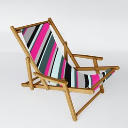 [ Thumbnail: Colorful Light Cyan, Dark Slate Gray, Deep Pink, Grey & Black Colored Lines/Stripes Pattern Sling Chair ]