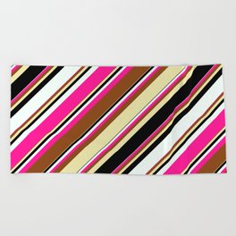 [ Thumbnail: Vibrant Brown, Pale Goldenrod, Black, Mint Cream & Deep Pink Colored Lined/Striped Pattern Beach Towel ]