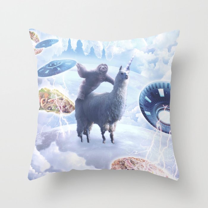 Space Sloth Riding Llama Unicorn - Pizza & Taco Throw Pillow