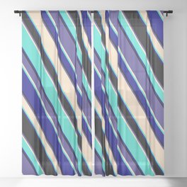 [ Thumbnail: Eye-catching Dark Slate Blue, Bisque, Turquoise, Blue, and Black Colored Lined/Striped Pattern Sheer Curtain ]