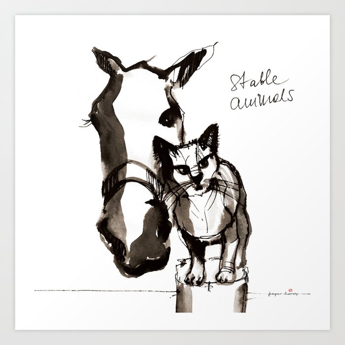 Horse and Cat (Stable animals) Art Print