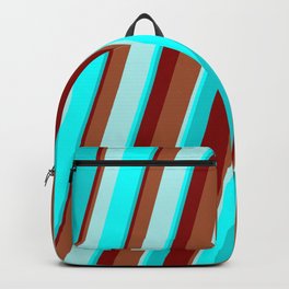 [ Thumbnail: Maroon, Sienna, Turquoise, Cyan, and Dark Turquoise Colored Stripes/Lines Pattern Backpack ]