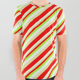 [ Thumbnail: Light Green, Mint Cream, Pale Goldenrod & Red Colored Stripes/Lines Pattern All Over Graphic Tee ]