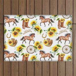 Country Western Horses & Sunflowers pattern Outdoor Rug