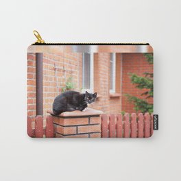 lonely stray black cat sitting Carry-All Pouch | Animal, Color, Digital, Bricks, Cat, Black, Fence, Photo 