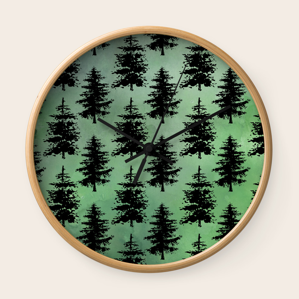 Hand Painted Watercolor Green Black Winter Pine Trees Wall Clock
