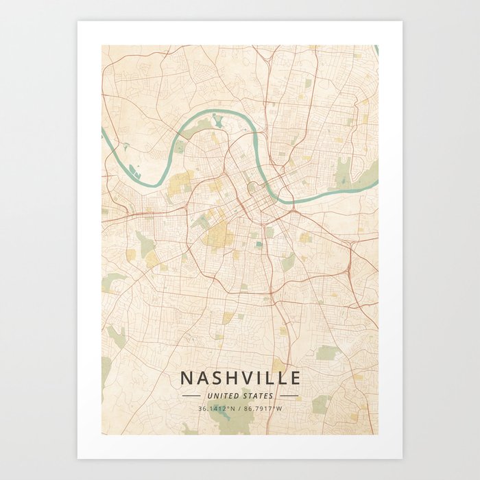 Nashville, United States - Vintage Map Art Print