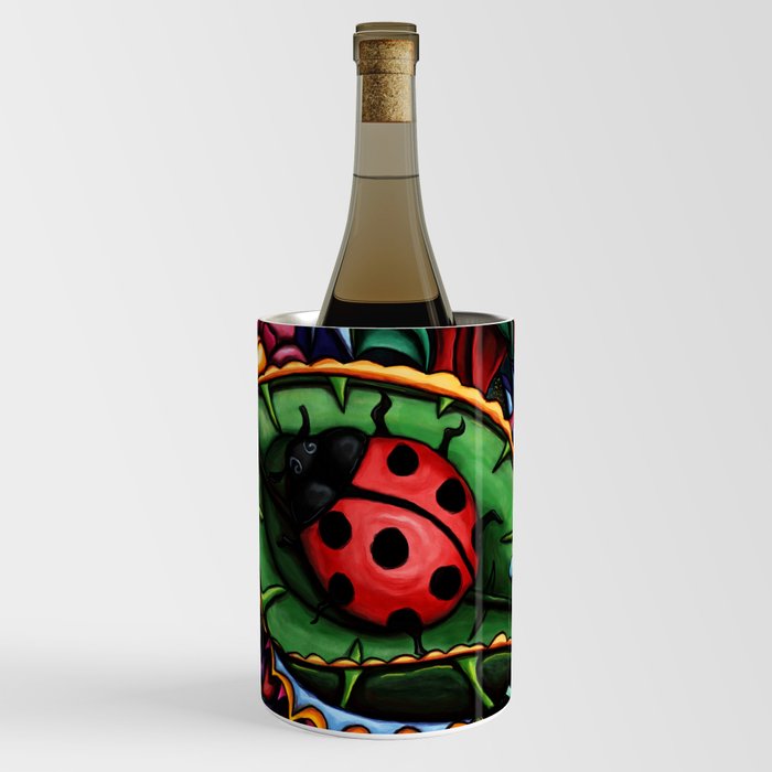 Cute ladybug on a plant leaf, whimsical garden painting Wine Chiller