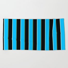 [ Thumbnail: Turquoise, Deep Sky Blue, Dark Olive Green, and Black Colored Stripes/Lines Pattern Beach Towel ]