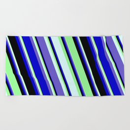 [ Thumbnail: Green, Light Cyan, Slate Blue, Blue, and Black Colored Stripes Pattern Beach Towel ]