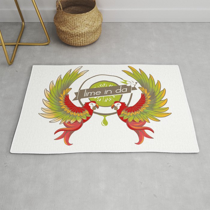 Lime in the coconut and two scarlet macaws. Rug