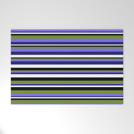 [ Thumbnail: Eye-catching Black, Green, Medium Slate Blue, Midnight Blue, and White Colored Stripes/Lines Pattern Welcome Mat ]