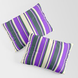 [ Thumbnail: Dark Slate Gray, Light Yellow, and Purple Colored Lines/Stripes Pattern Pillow Sham ]