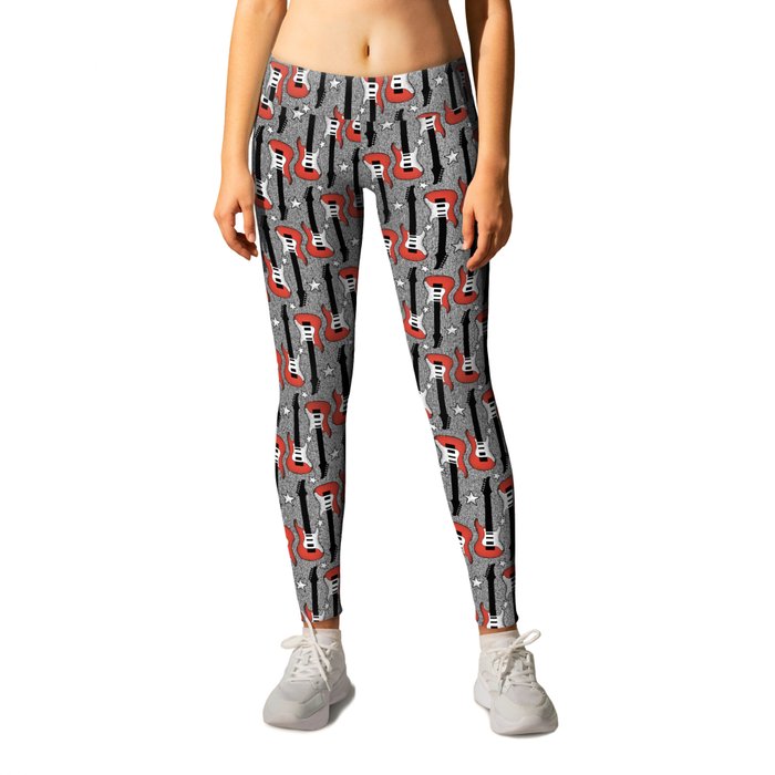 Rock and Roll_ Red and White Guitar Leggings by Mia Valdez | Society6