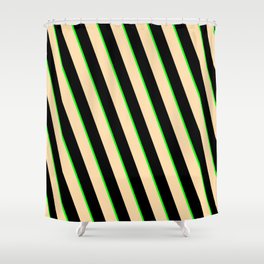 [ Thumbnail: Lime, Tan & Black Colored Lines Pattern Shower Curtain ]