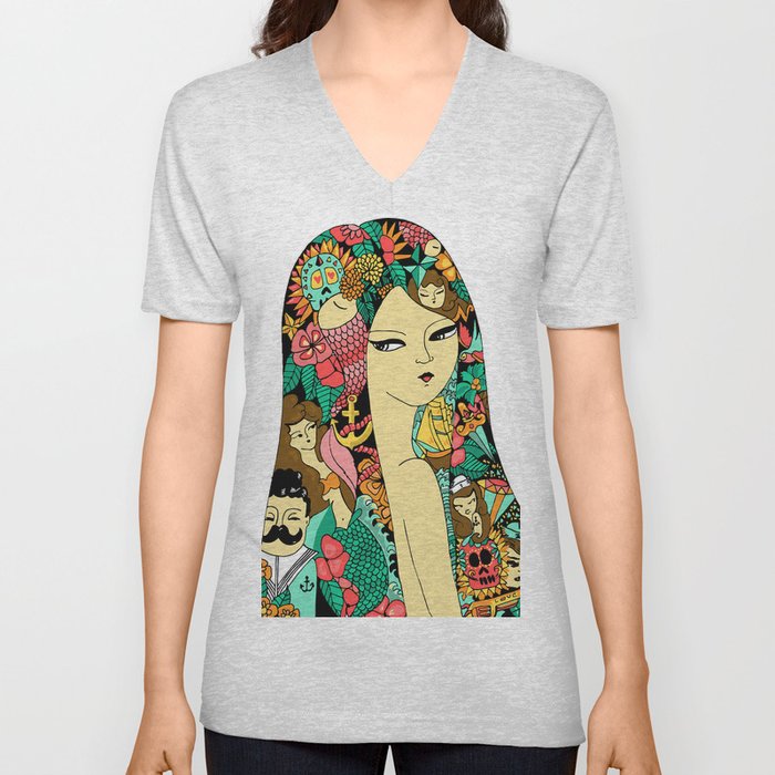 Girl with Tattoo V Neck T Shirt