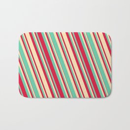 [ Thumbnail: Aquamarine, Crimson, and Beige Colored Striped/Lined Pattern Bath Mat ]