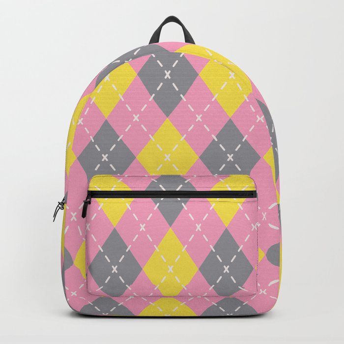 Pink Yellow Gray Argyle Pattern V5 Color of the Year 2021 Illuminating, Ultimate Gray, Prism Pink Backpack