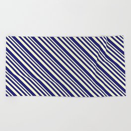 [ Thumbnail: Light Yellow & Midnight Blue Colored Lined/Striped Pattern Beach Towel ]