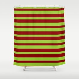 [ Thumbnail: Green and Dark Red Colored Pattern of Stripes Shower Curtain ]