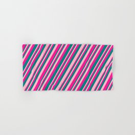 [ Thumbnail: Pink, Deep Pink, and Teal Colored Striped Pattern Hand & Bath Towel ]
