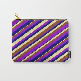 [ Thumbnail: Pale Goldenrod, Brown, Dark Violet & Blue Colored Lined Pattern Carry-All Pouch ]