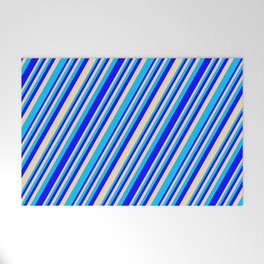 [ Thumbnail: Blue, Tan, and Deep Sky Blue Colored Lined/Striped Pattern Welcome Mat ]