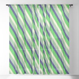[ Thumbnail: Light Yellow, Dark Sea Green, Midnight Blue & Lime Green Colored Lined Pattern Sheer Curtain ]