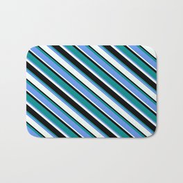 [ Thumbnail: Dark Cyan, Cornflower Blue, Mint Cream & Black Colored Stripes Pattern Bath Mat ]