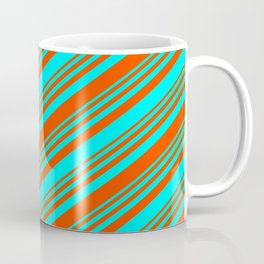 [ Thumbnail: Red & Cyan Colored Lined/Striped Pattern Coffee Mug ]