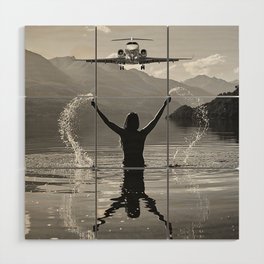 Steady As She Goes IV; aircraft coming in for an island landing with female bringing it in black and white photography photographs photograph Wood Wall Art