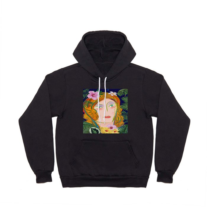Pop Girl Portrait with Flowers and Leaves Decoration Hoody