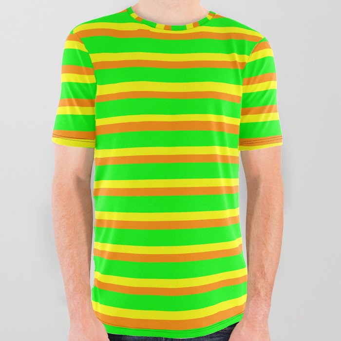 Yellow, Dark Orange, and Lime Colored Lined/Striped Pattern All Over Graphic Tee