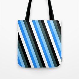[ Thumbnail: Dark Slate Gray, Light Sky Blue, Blue, White, and Black Colored Lines Pattern Tote Bag ]