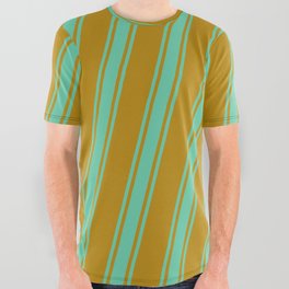 [ Thumbnail: Dark Goldenrod & Aquamarine Colored Striped/Lined Pattern All Over Graphic Tee ]