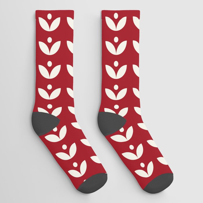 White Scandinavian Vertical Leaves on Christmas Red Socks