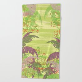 Polynesian Palm Trees And Hibiscus Green Jungle Abstract Beach Towel