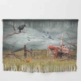 Abandoned Red Tractor in a Prairie Field with Perched Crow and Flying Geese Wall Hanging