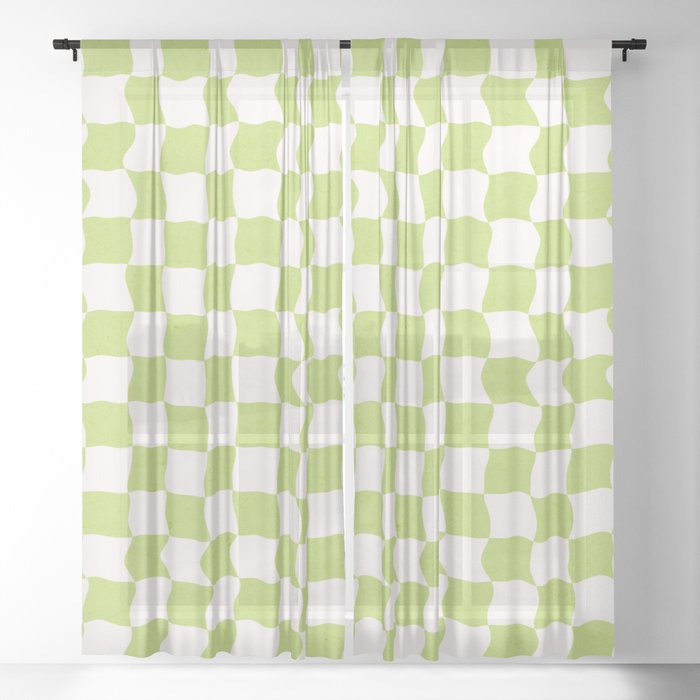 Pastel Green Checkered Pattern Groovy Aesthetic Sheer Curtain