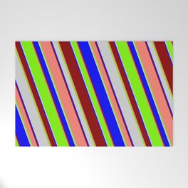 [ Thumbnail: Eyecatching Light Gray, Blue, Dark Red, Salmon & Green Colored Lines Pattern Welcome Mat ]
